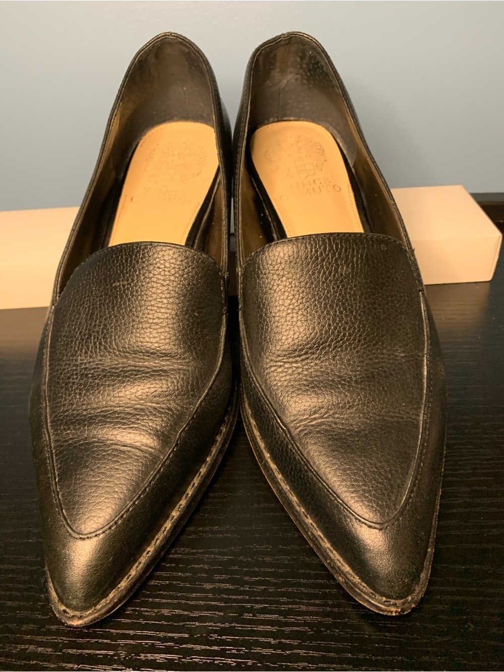 Vince Camuto Black Pointed Toe Leather Slip-On Loafers